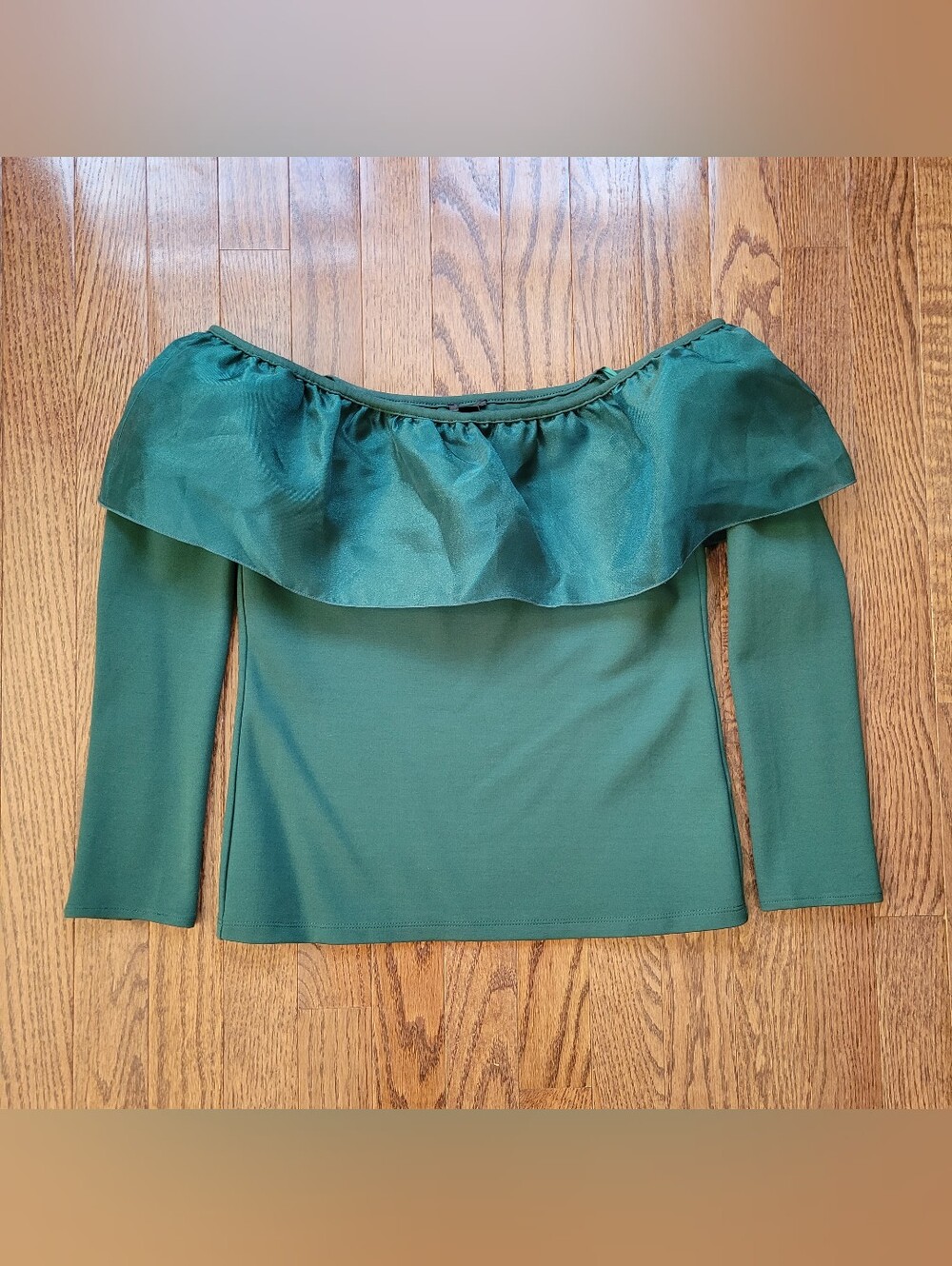 J. Crew Green Off-Shoulder Ruffle Long-Sleeve Top